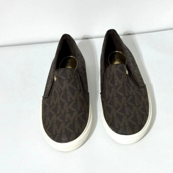 Michael Kors Boerum Double Gore MK Signature Logo Print PVC Slip On Shoe 8 Brown - Picture 5 of 8